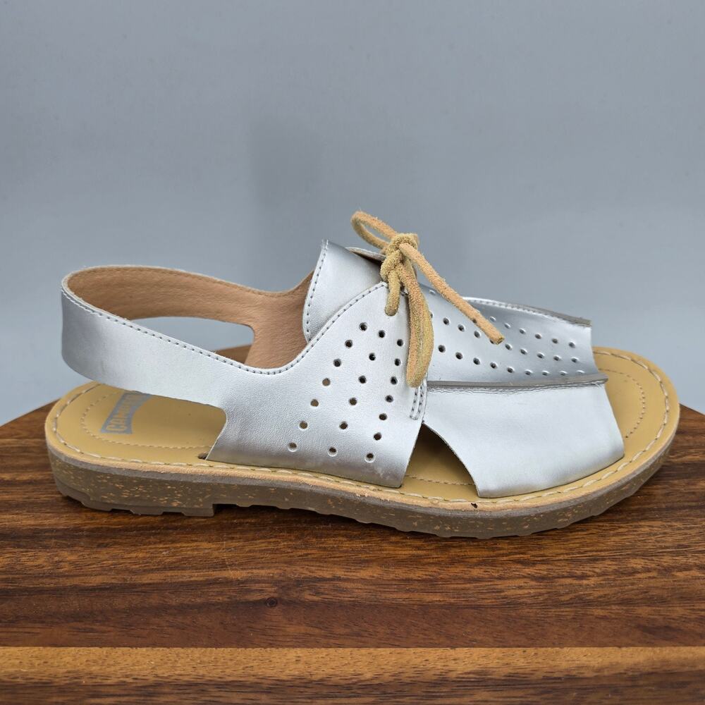 Camper Twins Sandals Womens 7 Silver Metallic Leather Lace Up Open Toe Slingback